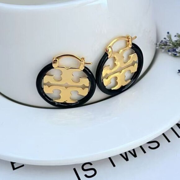 Tory Burch Gold and Black Hoop Earrings - Picture 4 of 5